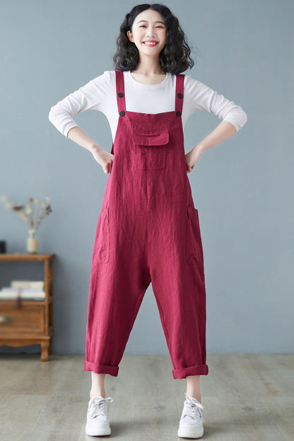 Spring Summer Casual Loose Cropped Linen Overalls C2721