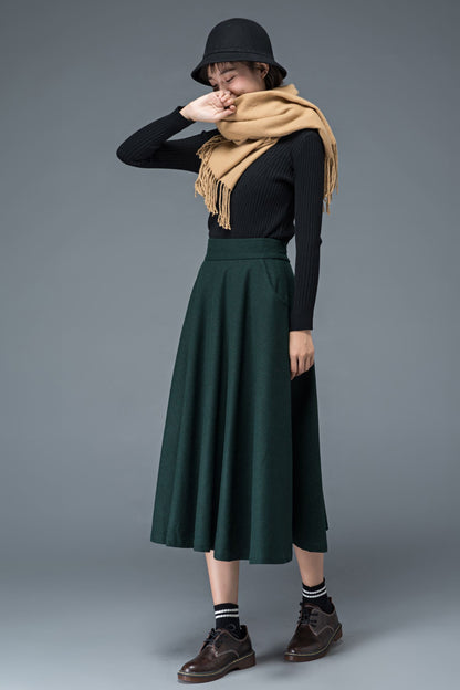 Green winter long wool skirt for women C1197