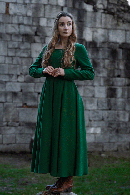 Green Swing Pleated Wool Dress With Pockets C3768
