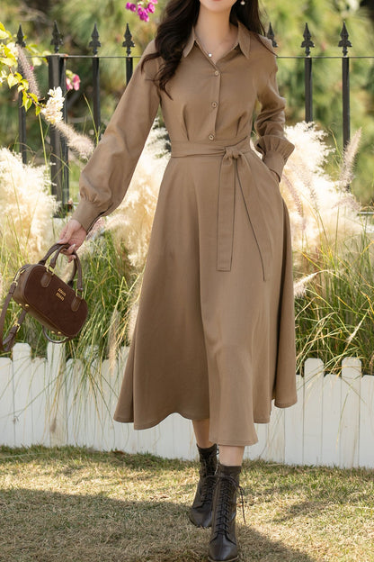 Khaki Linen Cotton Midi Shirt Dress – Casual Loose Fit Spring Dress for Women, Ylistyle C5439