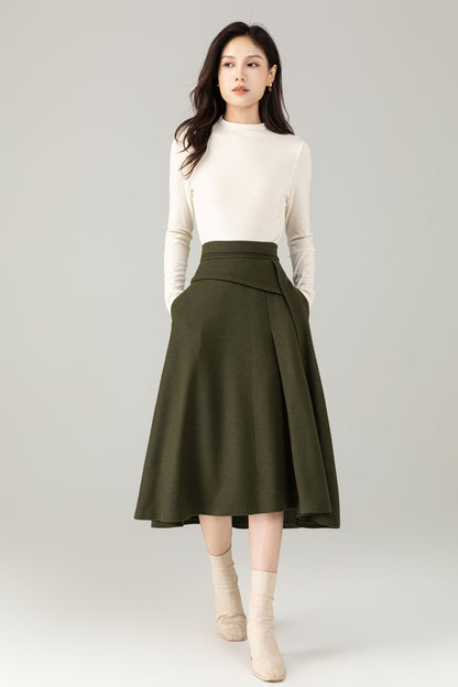 Green Wool Midi Skirt – A-Line Skirt with Pockets C5238