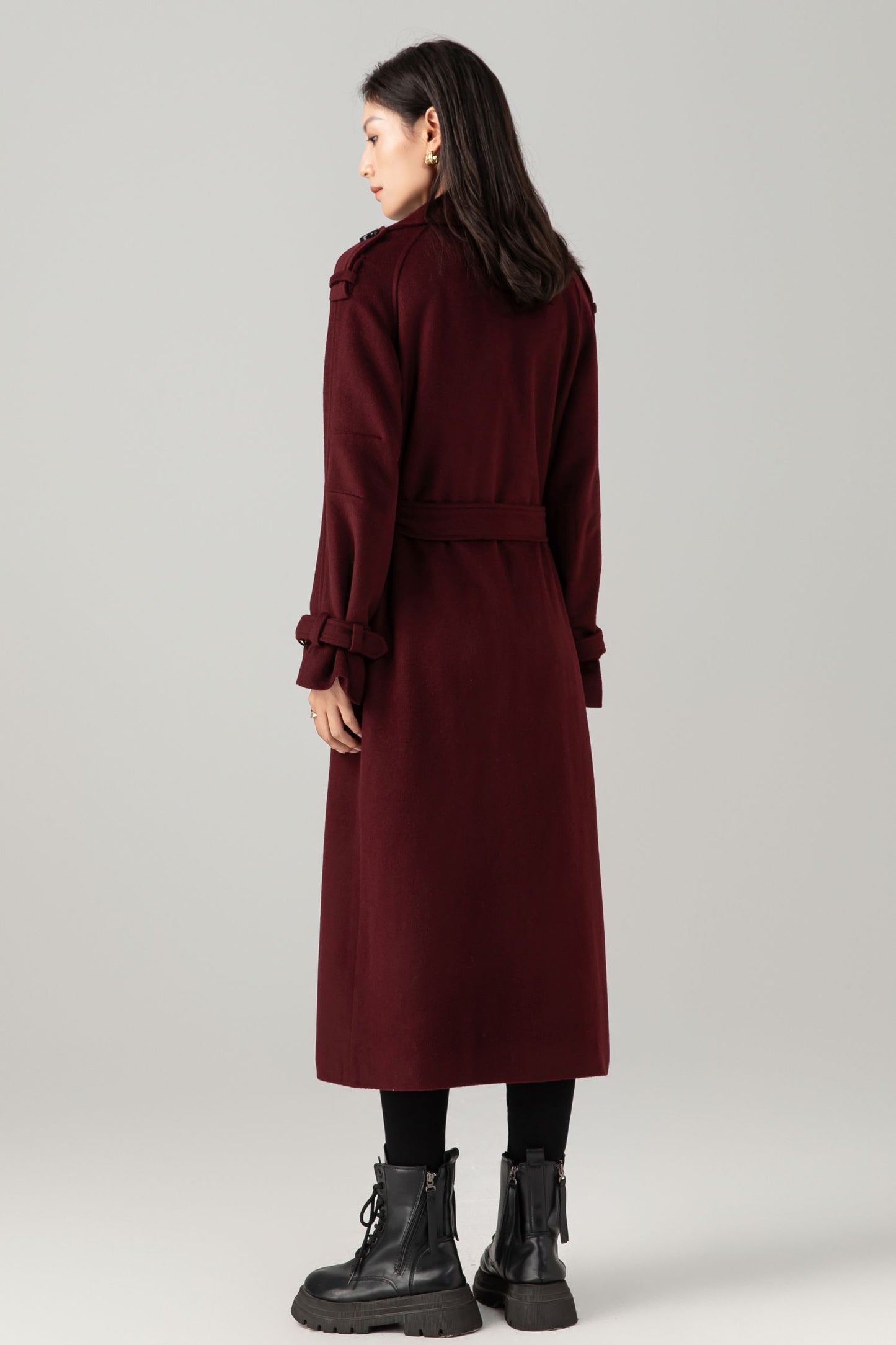 Burgundy wool maxi coat with self tie belt C5280