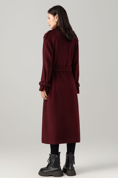 Burgundy wool maxi coat with self tie belt C5280