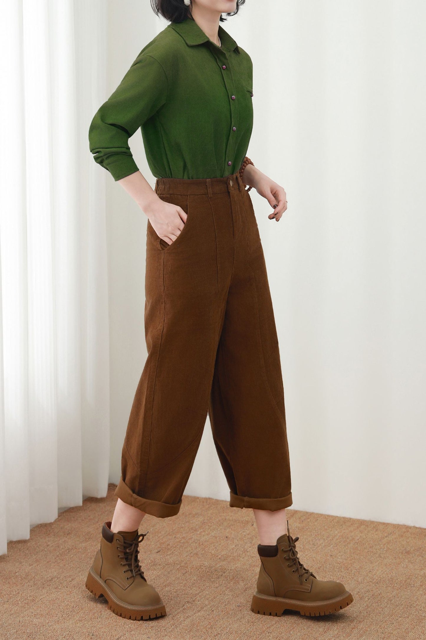 Brown Cotton Corduroy Barrel Pants - High Waist Relaxed Fit Cropped Trousers c5449