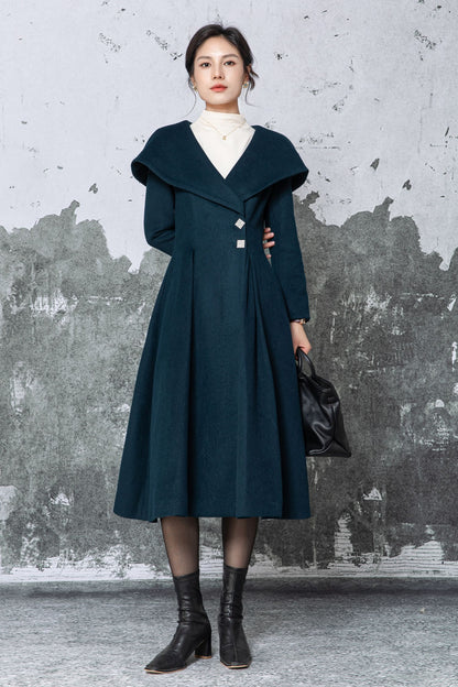 Dark Teal Wool Midi Coat - Large Lapel & Fit-and-Flare Silhouette C5480