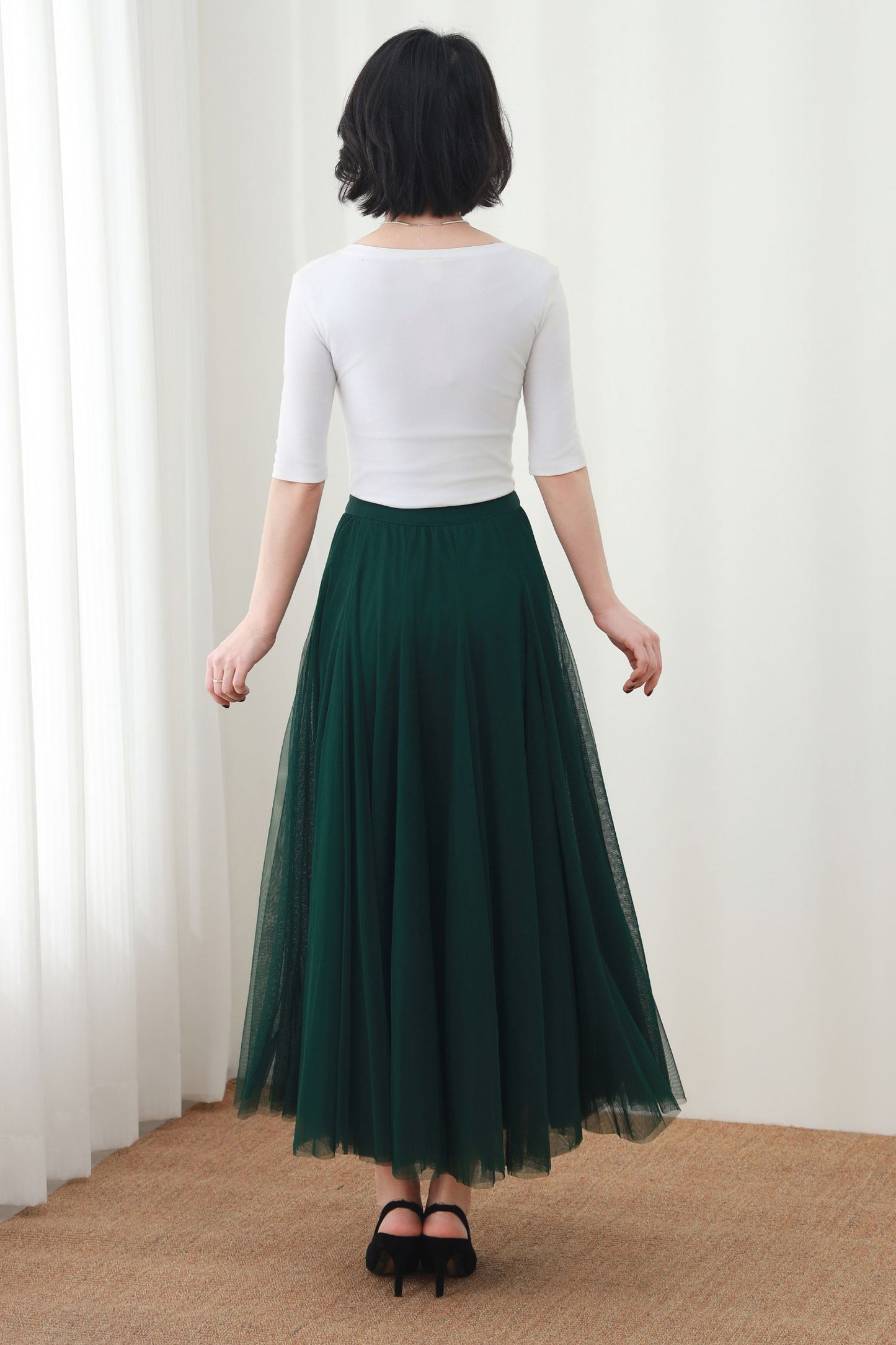 Dark Green Maxi Skirt: High Waist A-Line Long Tulle Skirt, Ylistyle C5448