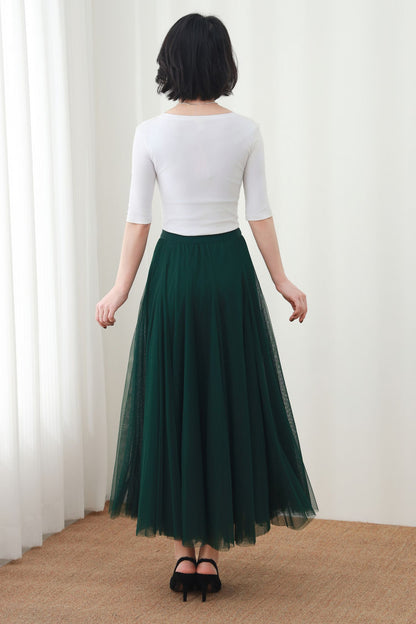 Dark Green Maxi Skirt: High Waist A-Line Long Tulle Skirt, Ylistyle C5448