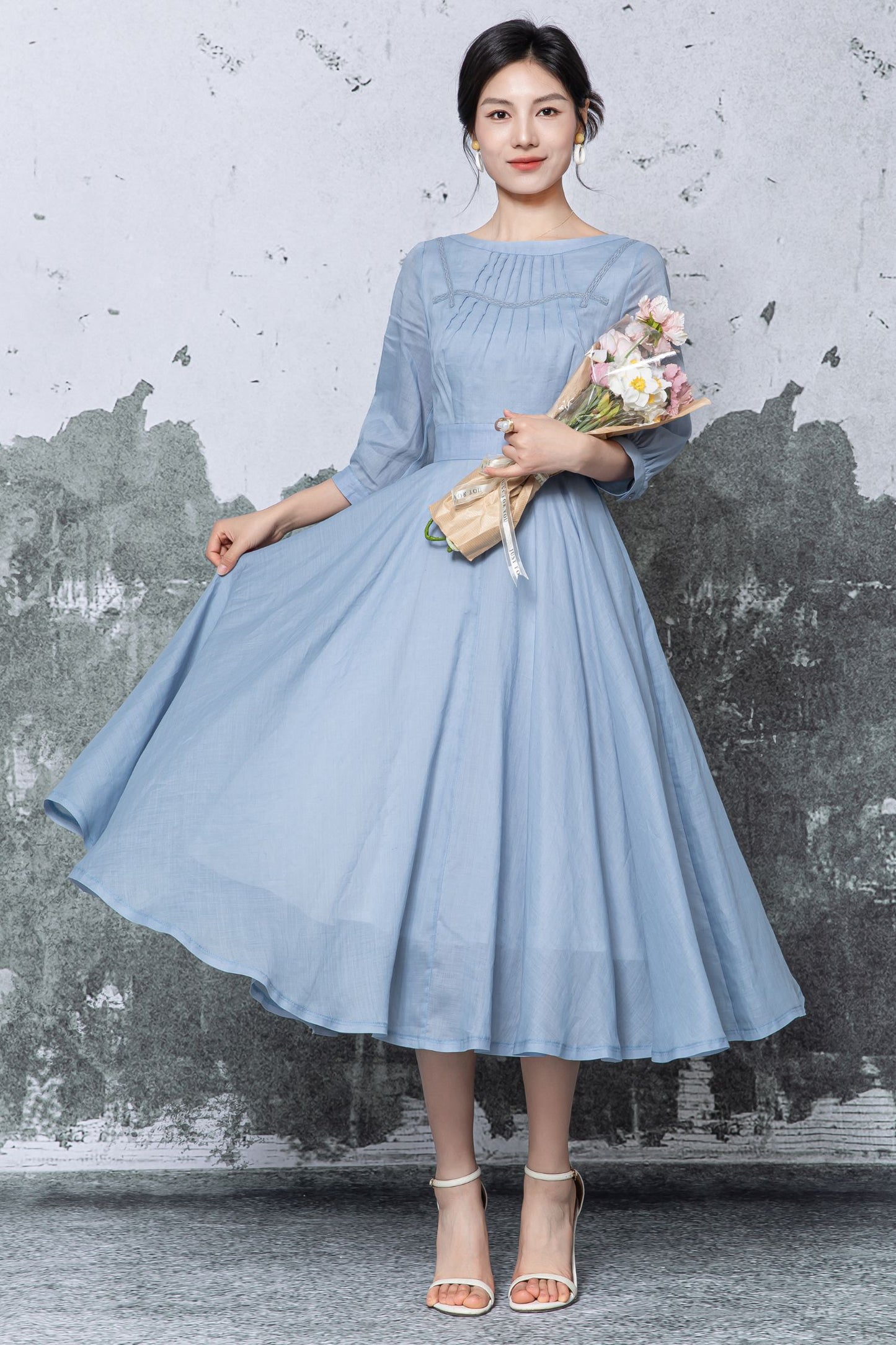 Blue Linen Midi Dress - Pleated Neckline Swing Silhouette c5475