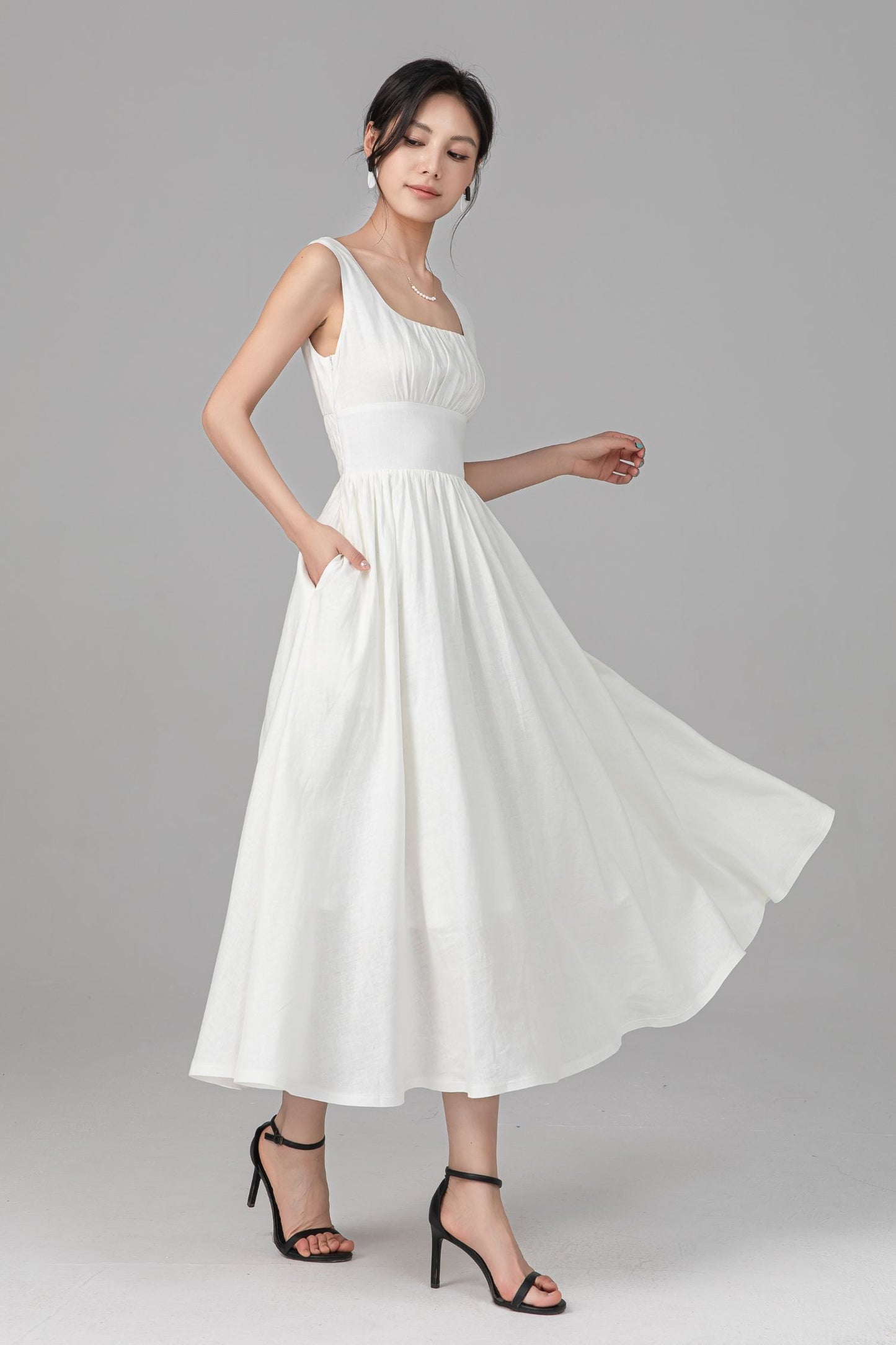 Off White Linen Midi Dress - Sleeveless Square Neck A-Line Silhouette C5525