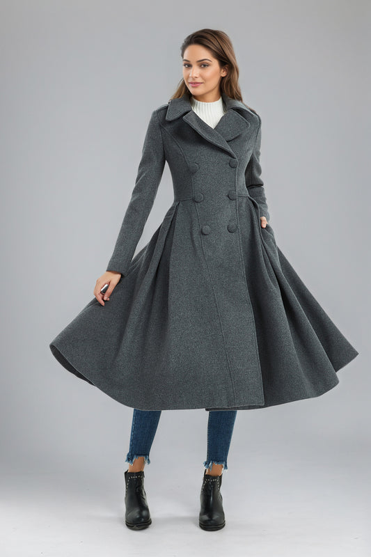 Double breasted long winter gray wool coat C5134