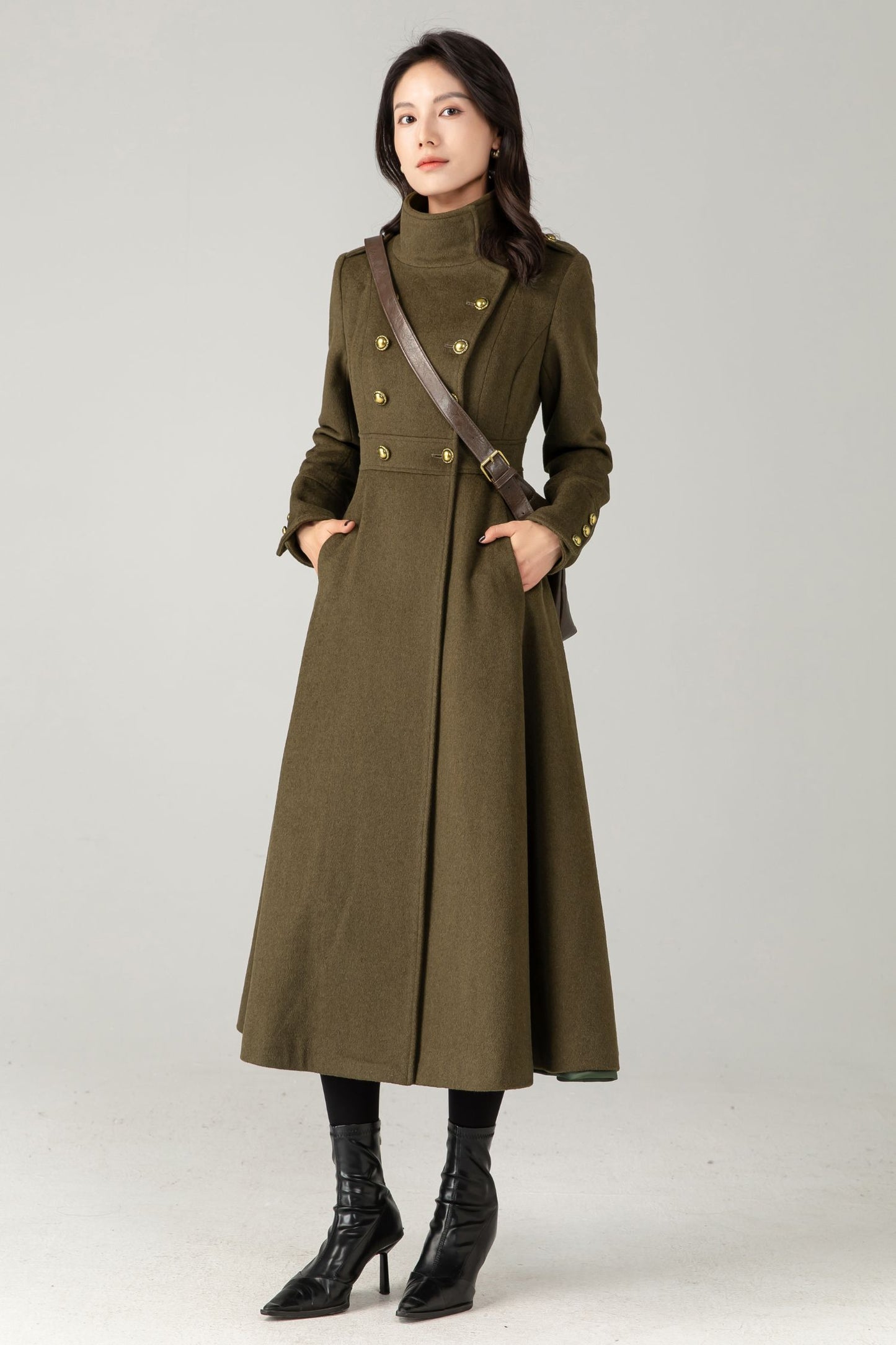 Green Wool Maxi Trench Coat: Double Breasted Long Winter Overcoat C5344