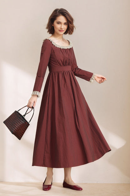 Women's Burgundy Princess linen dress C5331