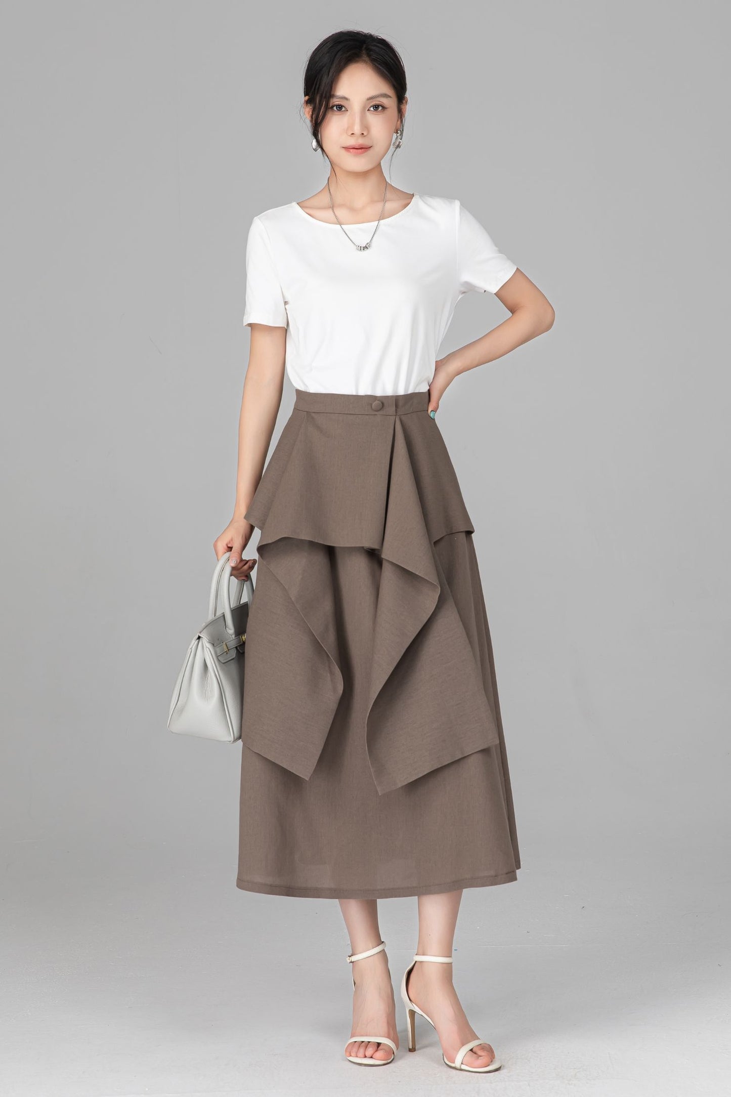 Khaki Linen Cotton Midi Skirt - Asymmetrical Layered Ruffle A-Line C5521