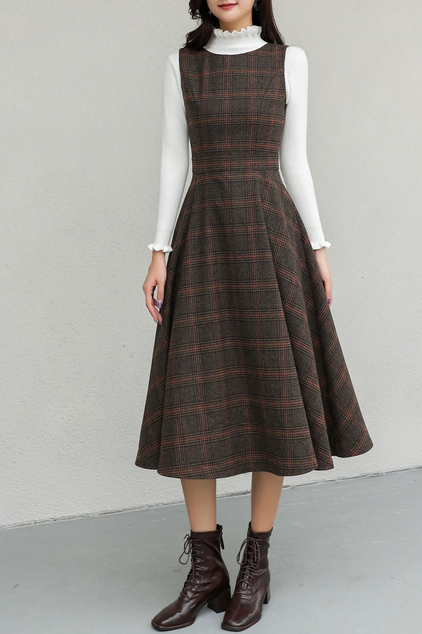 Winter Sleeveless Pinafore Plaid Wool Dress C5192