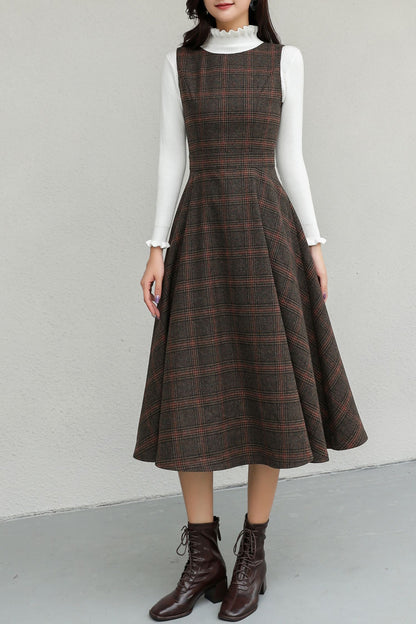 Winter Sleeveless Pinafore Plaid Wool Dress C5192