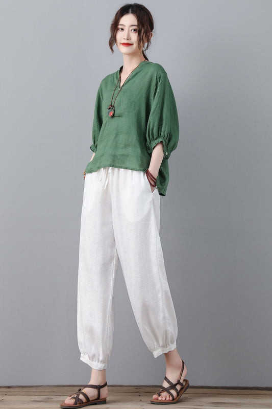 White Casual Cropped Elastic Waist Drawstring Linen Pants C2361