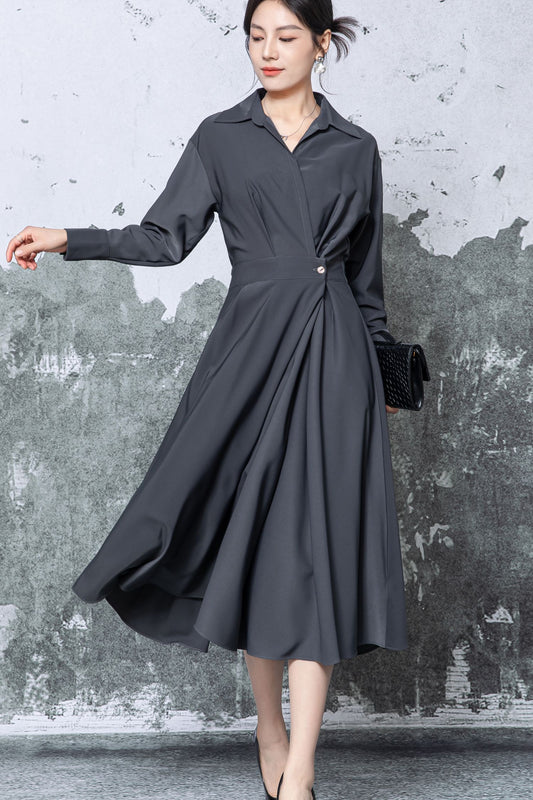 Gray Midi Dress: Collared Long Sleeve Dress with Flared Skirt, Ylistyle C5471