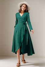 Load image into Gallery viewer, Women&#39;s Green Long Sleeves Linen Dress C4139
