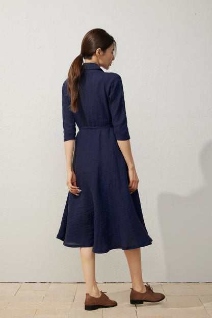 Elegant Navy Blue Linen Wrap Dress C5402