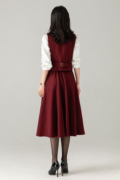 Burgundy Wool Midi Skirt: High Waist Winter A-Line Swing Skirt with Pockets, Ylistyle C5371