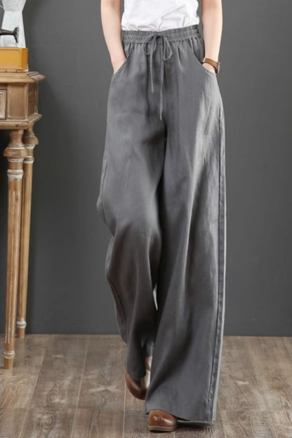 Long wide leg linen pants with drawstring waist C4428