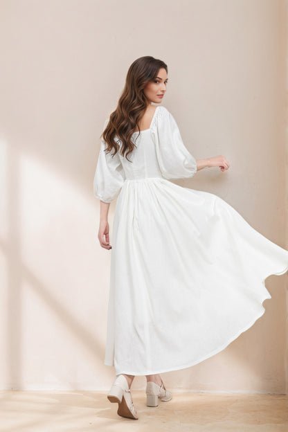 White Linen Swing Dress - Flowy Midi linen Dress C5333