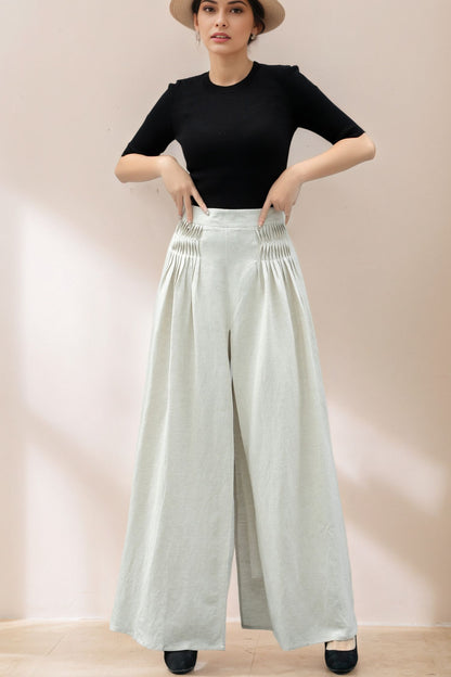 White Wide Leg Linen Palazzo Pant C5361