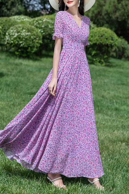 Floral women summer long chiffon dress C4037