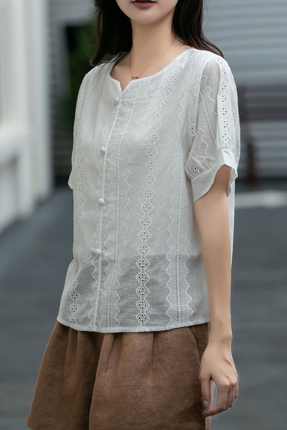 Button front white blouse top C5041