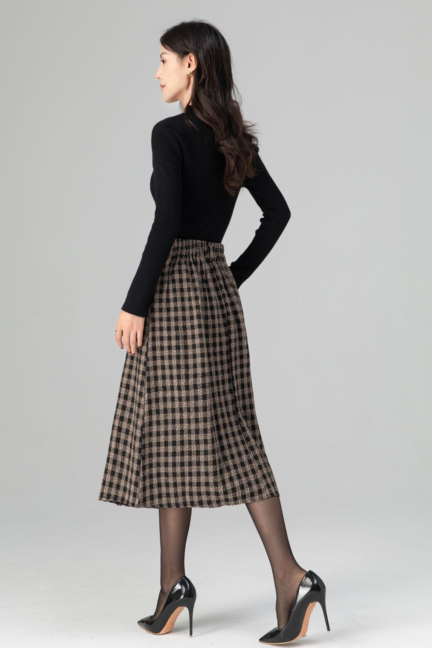 Vintage Pleated Midi Plaid Wool Skirt C5198