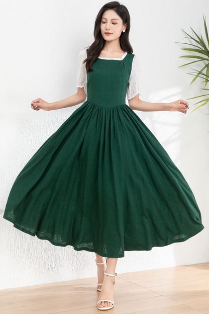 Womens dark green Linen midi Cottagecore Dress c4978