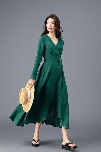 Women's Green Long Sleeves Linen Dress C3914