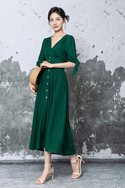 Dark Green Linen Midi Dress - V-Neck Button Front with Puff Sleeves c5473
