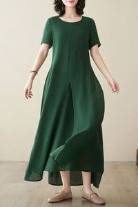 Women Loose fit Linen Short Sleeve Maxi Dress C3949