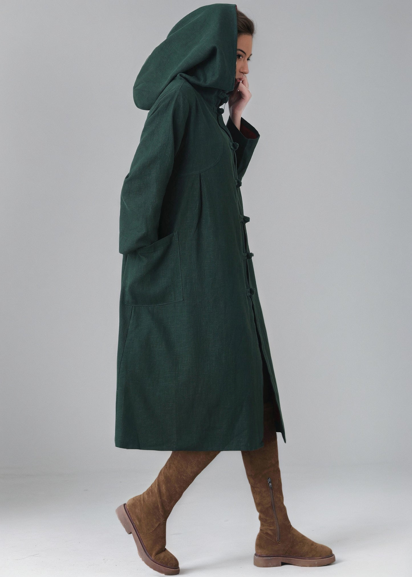 Women's Oversized Hooded Linen Jacket, Green Linen Cape Coat C5148