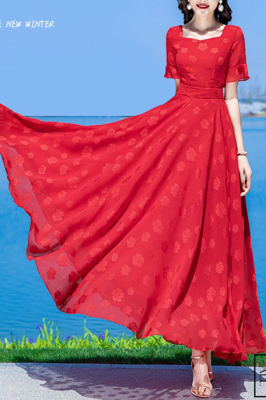 Red chiffon women dress C3998