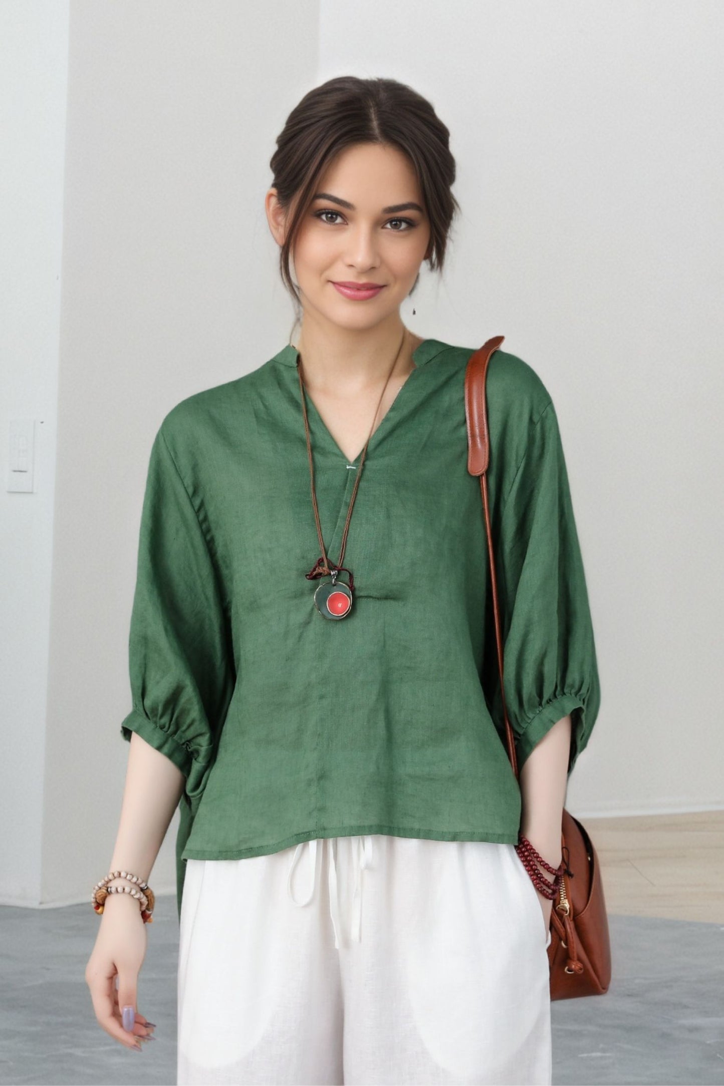 Linen blouse, green linen tops, Linen blouse for women, Oversized Linen top C5319