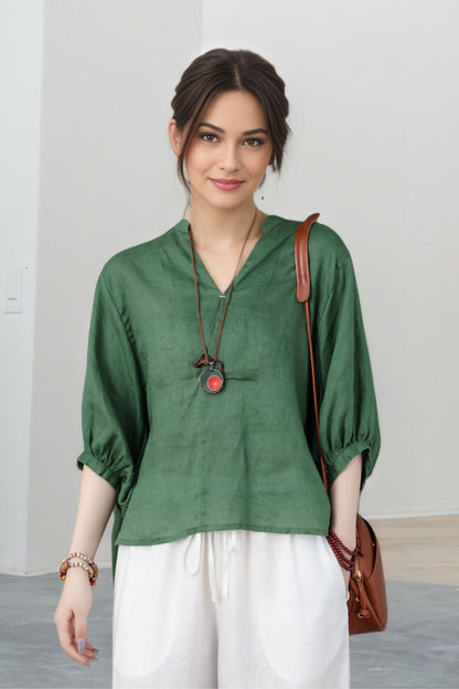 Linen blouse, green linen tops, Linen blouse for women, Oversized Linen top C5319