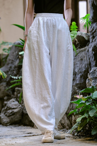 Beige Linen Lantern Pants - High Waist, Wide Leg Relaxed Fit L0616