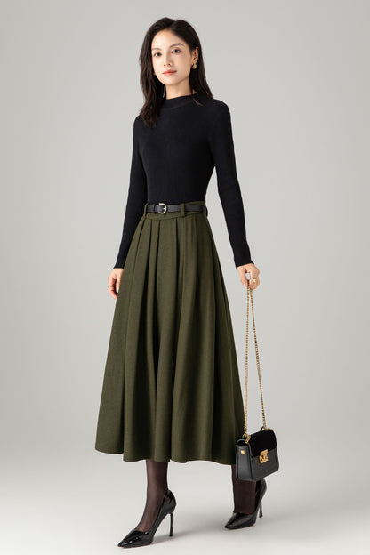 Army green midi winter wool skirt C5276