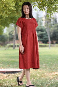 Red linen dress midi dress C283