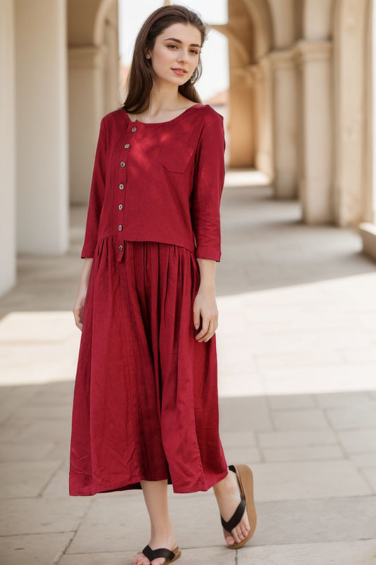 Red linen women causal dress C265