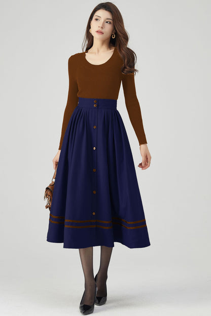 Button Front Navy Blue Wool Skirt C4512