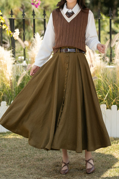 Army Green Linen Maxi Skirt: High Waist Button Front A-Line Swing Skirt, Ylistyle C5444