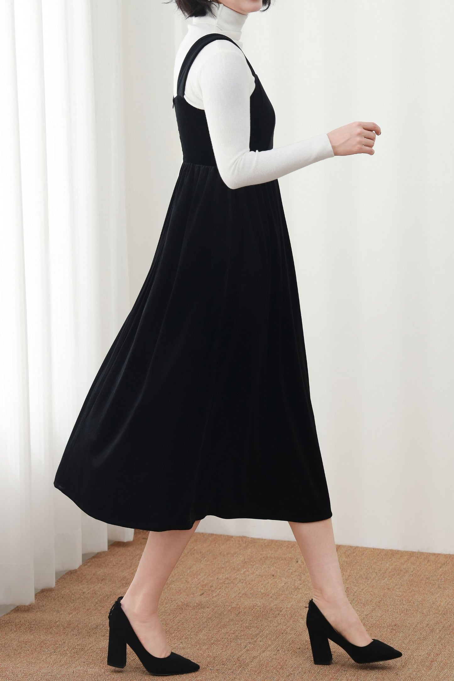 Black Velvet Midi Dress – Sleeveless A-Line Pinafore Dress with Square Neck, Autumn Winter Wear, Handmade, Ylistyle C5447