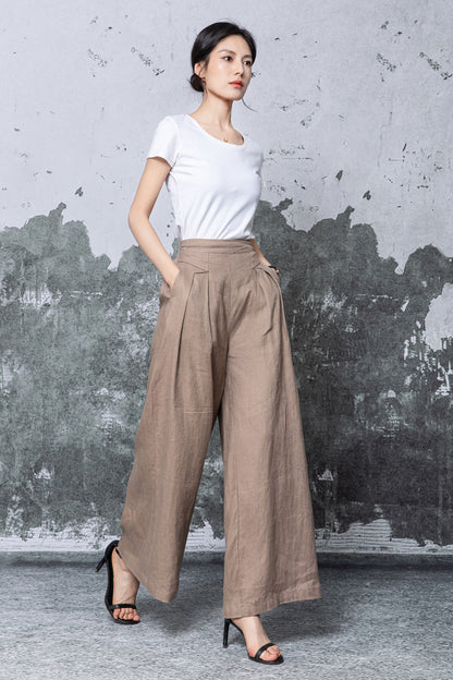 Brown Linen Wide Leg Pants - High Waisted Flowing Palazzo Trousers c5465