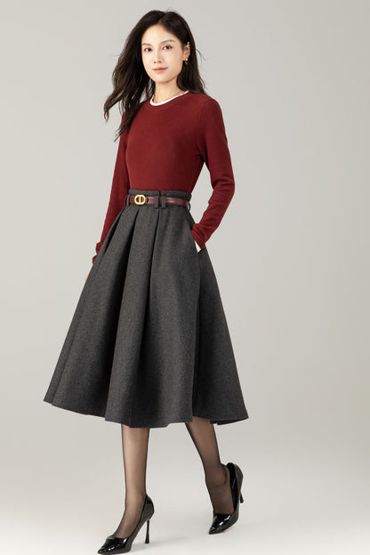 High waist a line gray winter wool skirt C5240
