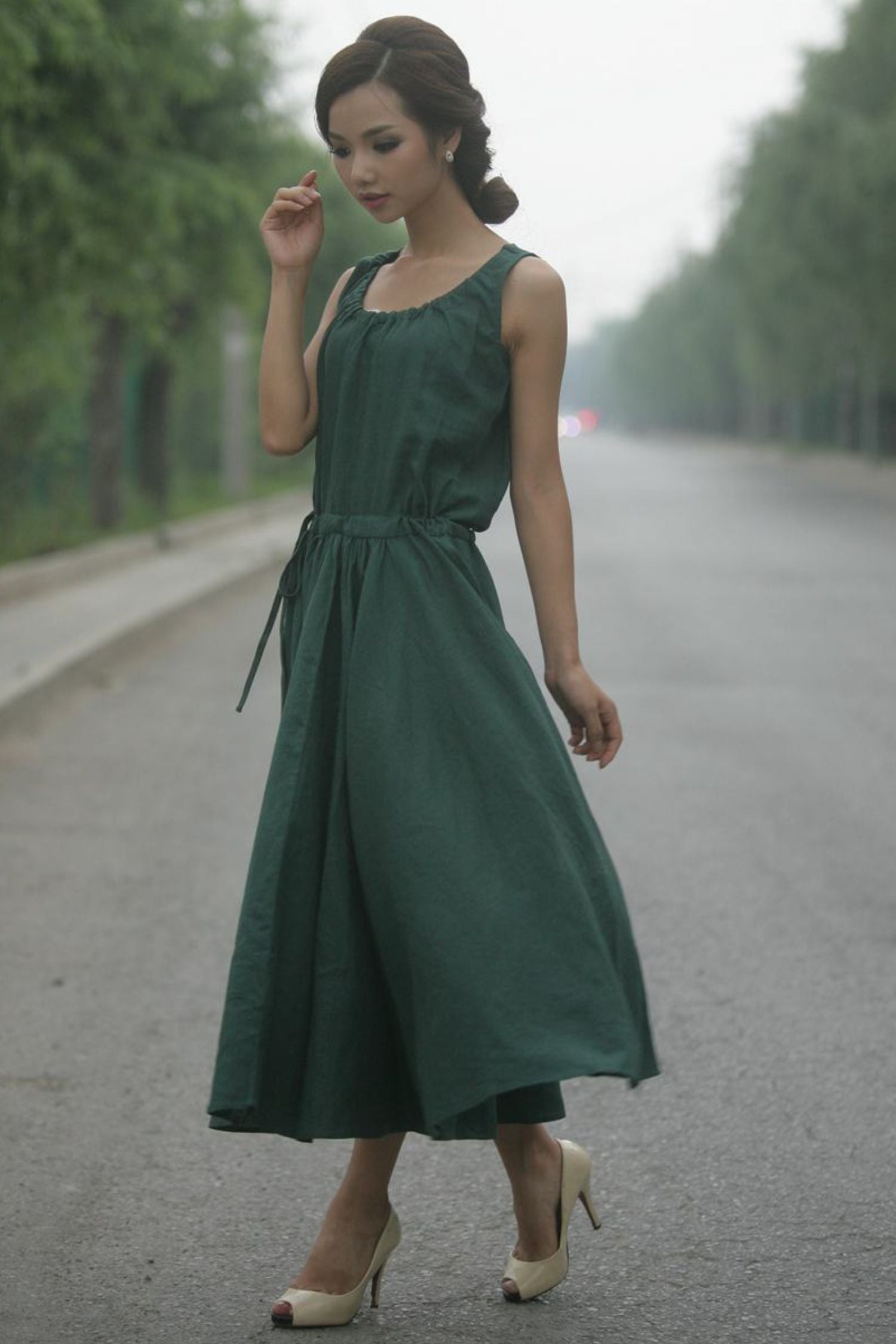 linen midi dress green Midi linen dress BOHOL in Green