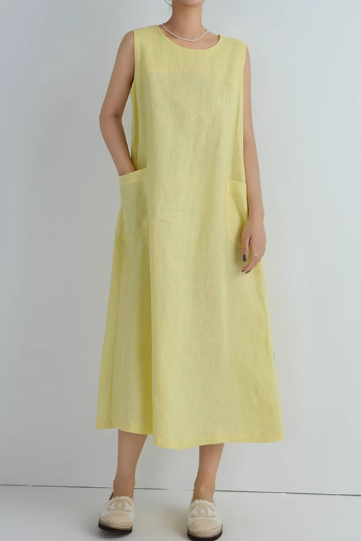 Loose fitting yellow summer linen dress C5066
