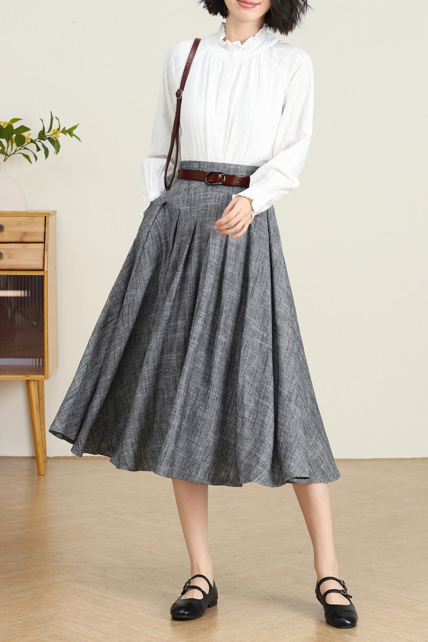 Grey Linen Swing Midi Skirt C4737